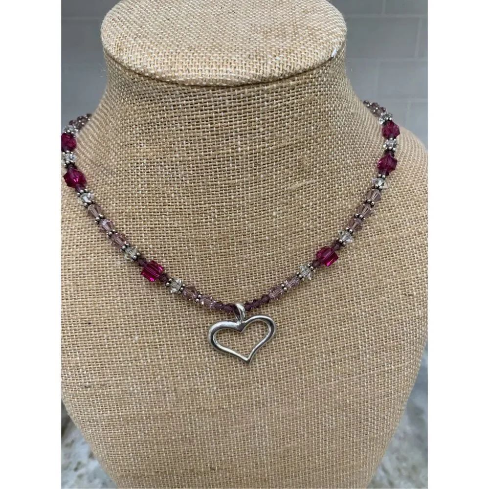 Amethyst Austria Crystals Handmade Necklace with Sterling Silver Heart Pendant